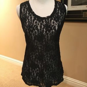 Sheer black lace tank top with front pocket